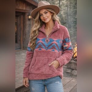 Grace + Emma Pink Aztec Sherpa Pullover Jacket Small NWT Cozy Western Fleece